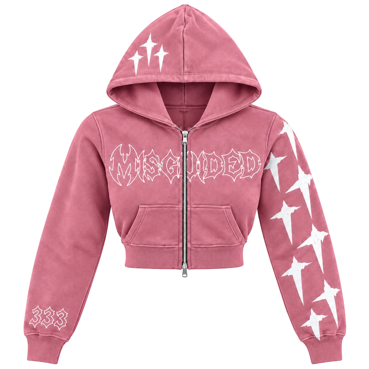 A pink cropped zip-up hoodie with white graphic prints, including the word 'MISGUIDED' across the chest, white starburst designs on the sleeves and hood, and '333' on the left sleeve cuff, shown against a plain white background.