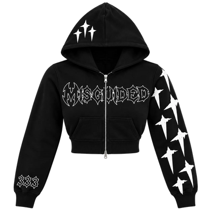 WOMENS MISGUIDED CROPPED ZIP UP HOODIE [BLACK]